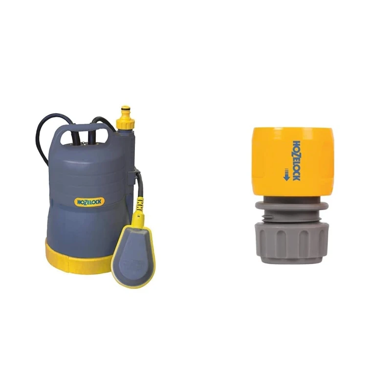 Hozelock 7612 0000 Waterbutt Pump & Hozelock 2166P9000 Hose end Connector (12.5mm & 15mm), Grey