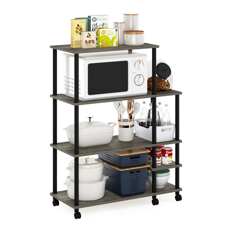 Furinno TURN-N-TUBE Bakers Rack with Wheels, 4-Tier Kitchen Storage Cart, Kitchen Cart, Coffee Bar, Pantry Organizers and Storage, French Oak Grey