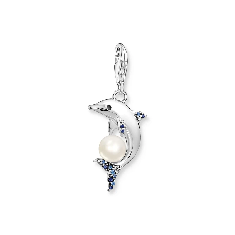 Thomas Sabo Charm Pendant Dolphin with Pearl Silver 925 Sterling Silver, Blackened, Cold Enamel