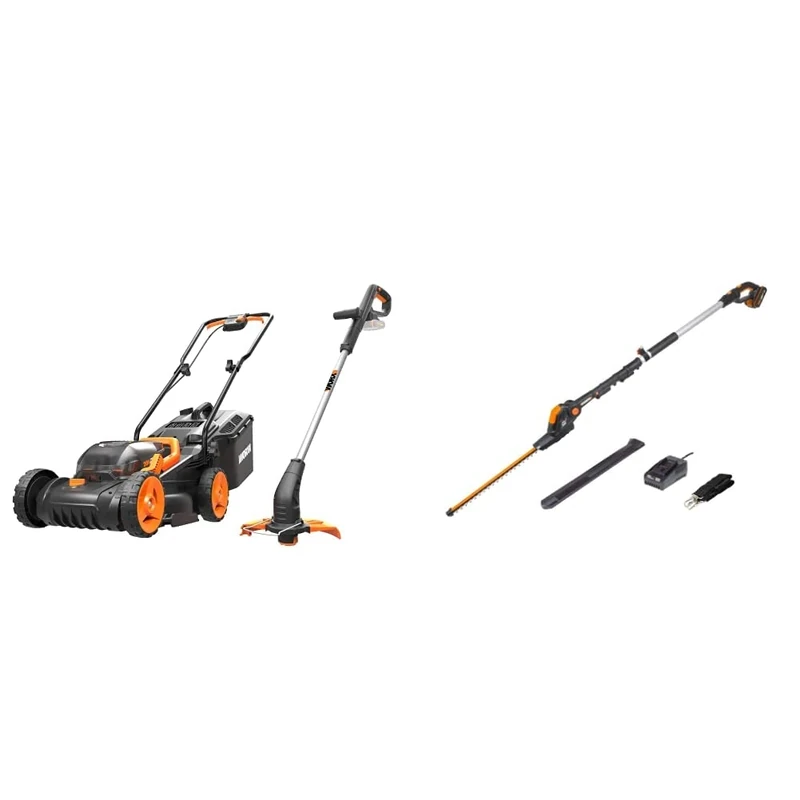 WORX WG927E Dual 20V Battery 34cm Cordless Lawn Mower & 18V (20V MAX) Cordless Grass Trimmer & WG252E 18V (20V MAX) Cordless Pole Hedge Trimmer 45cm 2.0Ah Battery