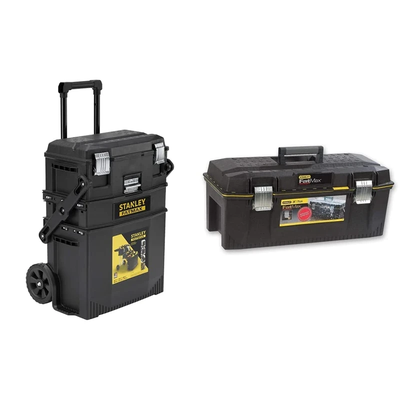 Stanley FATMAX Cantilever Rolling Toolbox Trolley, 4 Level Workstation 1-94-210 & FATMAX Waterproof Toolbox Storage with Heavy Duty Metal Latch, 28 Inch, 1-93-935