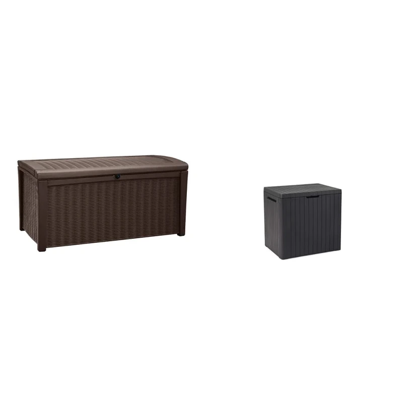 Keter Borneo Outdoor Storage Box Garden Furniture, Brown, 129.5 x 70 x 62.5 cm & Keter City Outdoor Storage Box Garden Furniture 57.8 x 44 x 55 cm - Dark Grey