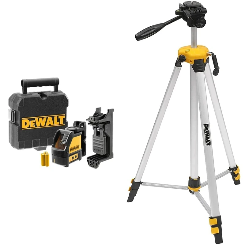 DEWALT 2-Way Self Levelling Cross Line Green Beam Laser with Carry Case DW088CG & DEWALT Mini Tripod 1.7M 1/4 Inch Mounting Thread DE0881T