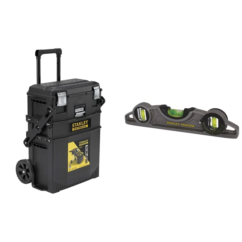 Stanley FATMAX Cantilever Rolling Toolbox Trolley, 4 Level Workstation with Portable Tote Tray for Tools and Small Parts, 1-94-210 & 0-43-609 Xtreme Torpedo Scaffold Level, 25cm