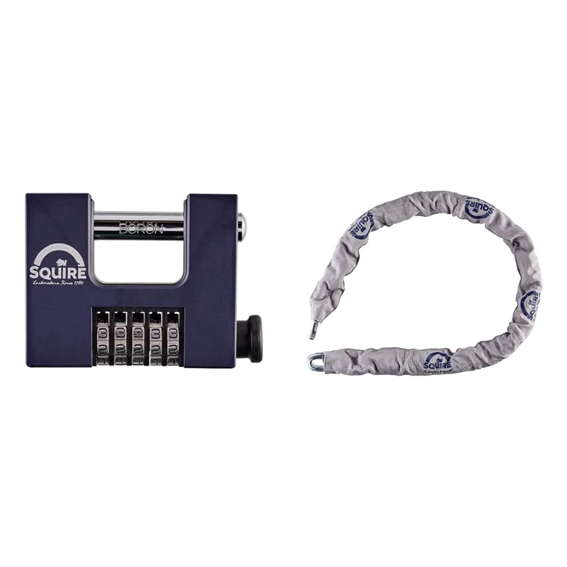 Henry Squire SHCB Recodable Wide Clearance Combination Block Lock 5 Wheel Padlocks, 85 mm (Length) x 19 mm (Width) & Henry Y Hardened Steel Security Chain, 1200mm Chain (Length) x 10mm Link (Diameter)