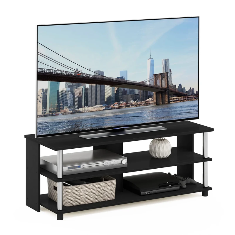 Furinno SULLY TV Stand, 3-Tier Entertainment Center, TV Console for TV up to 48 Inch, for Living Room, Bedroom, Americano/Stainless Steel Tubes