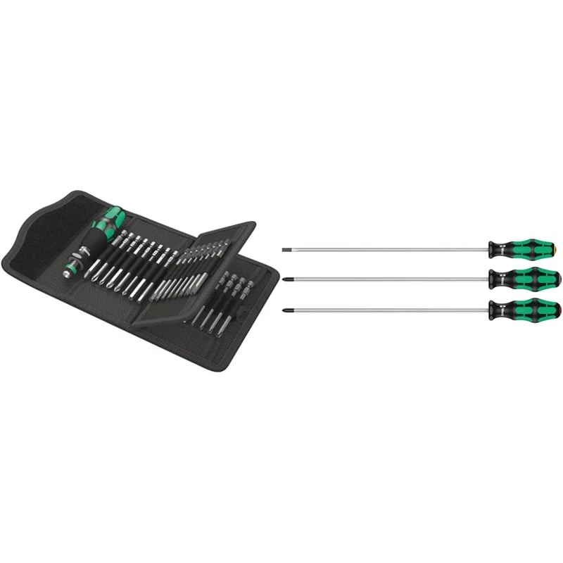 Wera 05059297001 62 Bitholding Screwdriver Set with Bits in Pouch, 33 Pieces & 335/350/355/3 Kraftform Plus Extra-Long Screwdriver Set, PH/PZ/SL, 3pc, 05347735002