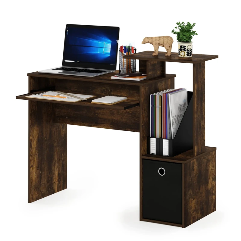 Furinno Multipurpose Home Office Computer Writing Desk w/Bin, Engineered Wood, Amber Pine/Black, 39.9 (D) x 100.1 (W) x 86.6 (H) cm