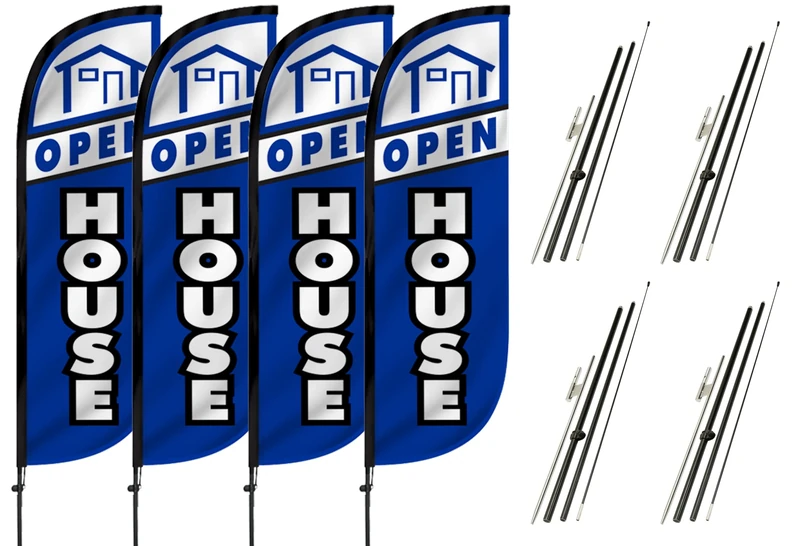 LookOurWay Feather Flag Set 4-Pack - 5ft Tall Open House Sign for Real Estate Advertising - Includes 4 Banner Flags, 4 Pole Sets, and 4 Ground Spikes (Blue,10M5000079)