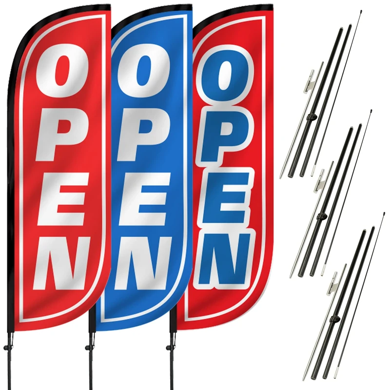 LookOurWay 5 Feet Tall Open Themed Feather Flag Banner for Business Advertising 3-Pack, Includes 3 Banner Flags, 3 Aluminum Fiberglass Pole Sets, and 3 Ground Spikes (Red/White, Blue/White, Red/Blue)
