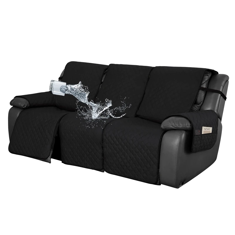 Easy-Going Waterproof Recliner Sofa Cover with Pocket, 1-Piece Reversible Couch Cover for 3 Seat Recliner, Washable Protector with Elastic Straps for Dogs (Recliner Sofa, Black/Beige)