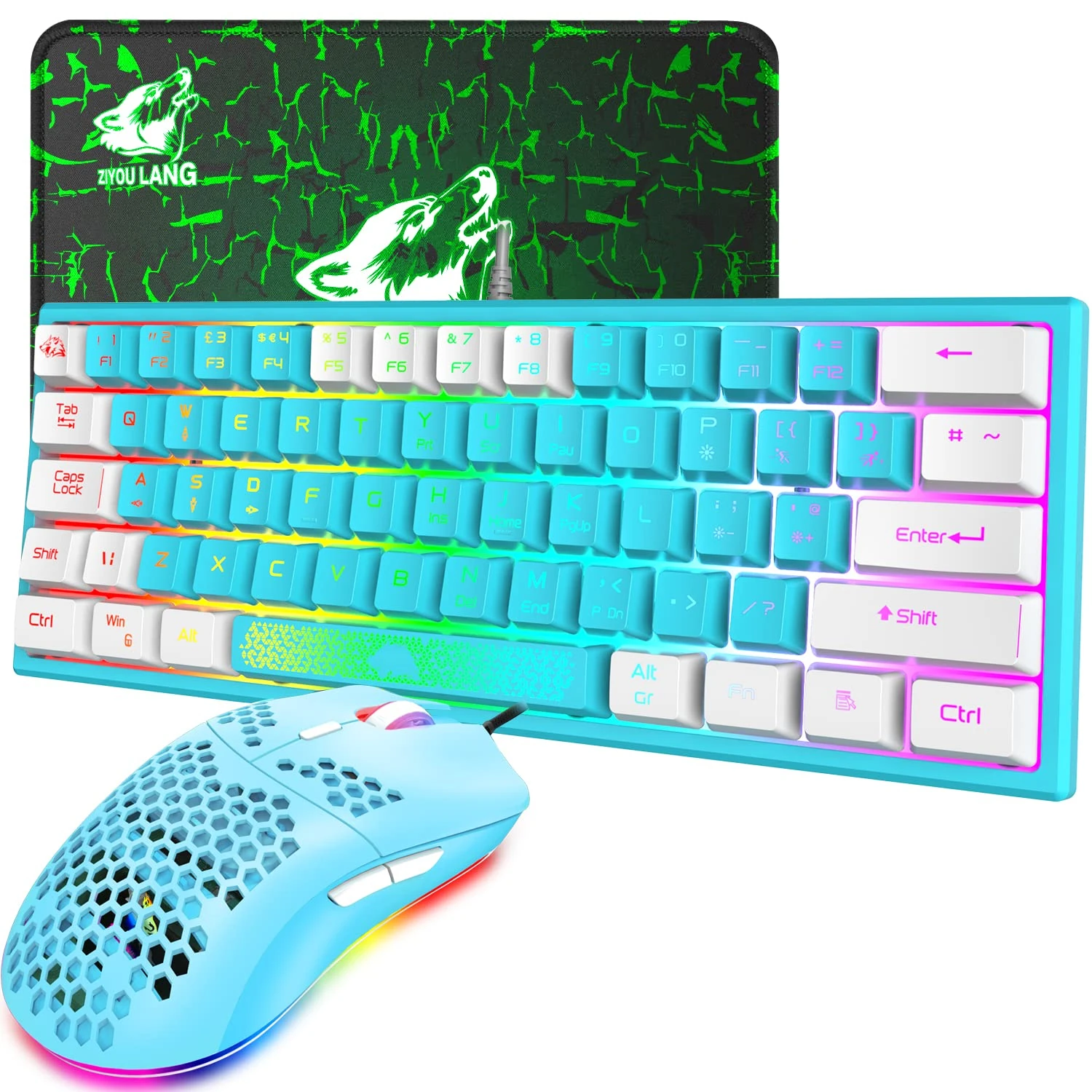 K61 UK Layout RGB 60% Gaming Keyboard Mouse Set Wired 62 Keys Mini Portable Keyboard 7 RGB LED Backlit 19 key Anti-ghosting + 6400 DPI Ultralight Gaming Mouse Honeycomb Shell +Mouse Pad -Blue Mixed