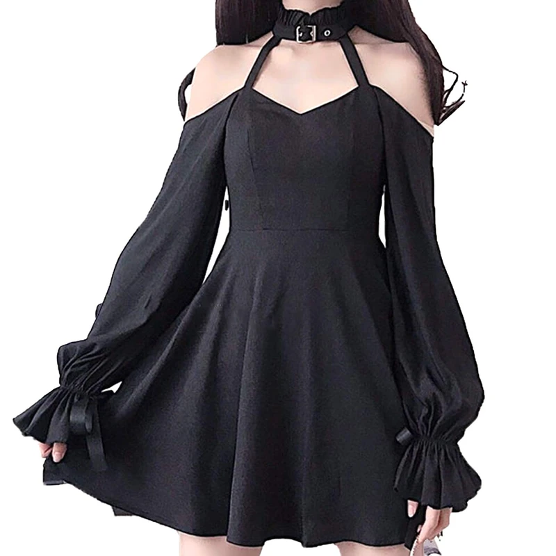 ZZEQYG Women's Classic Gothic Black Lolita Dress Off-Shoulder Halter Dress with Bow, Black, Small - Image 1