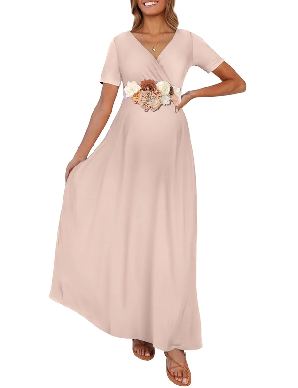 KIM S Short Sleeve Maternity Maxi Dress Wrap V Neck Baby Shower Pregnancy Dresses for Photoshoot, S. Ltmocha, L