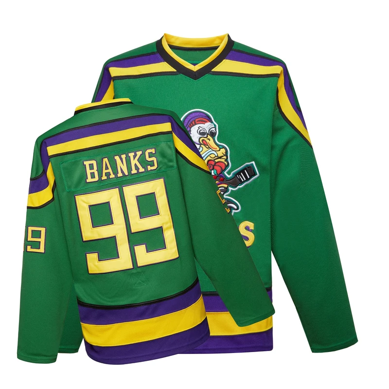 Mighty Ducks Jersey Movie Ice Hockey Jersey S-XXL Charlie Conway #96 Adam Banks #99, 90S Hip Hop Clothing for Party, #99 Green, XL - Image 1