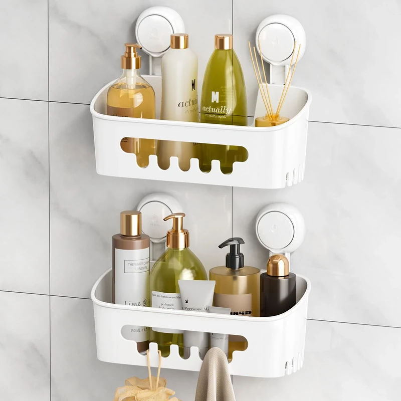 LEVERLOC Suction Shower Caddy Bathroom Basket Shelf Suction Shower Caddy Storage No Drilling Shampoo Holder Removable Powerful Bathroom for Shampoo Toiletries Kitchen Accessories，White