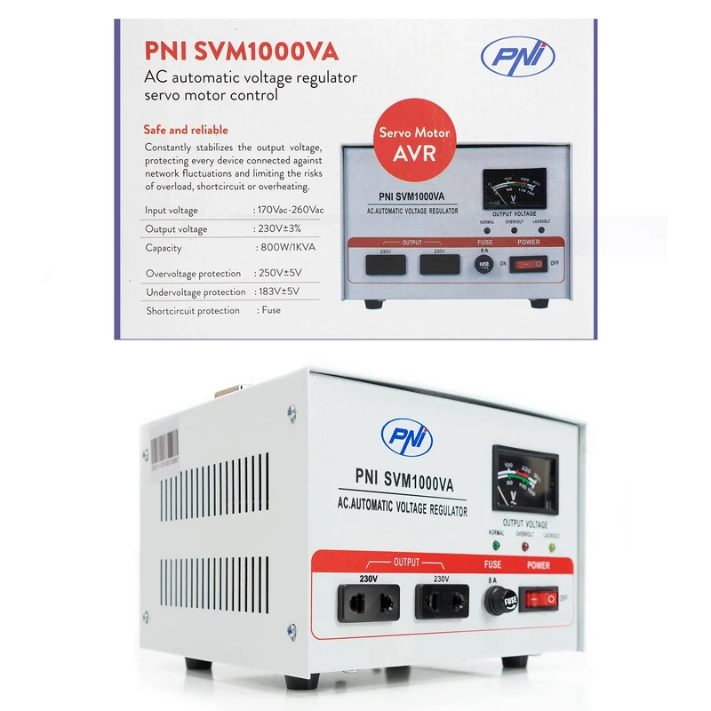 PNI SVM1000VA voltage stabilizer with servomotor, 800W, 3.6A, 230V output