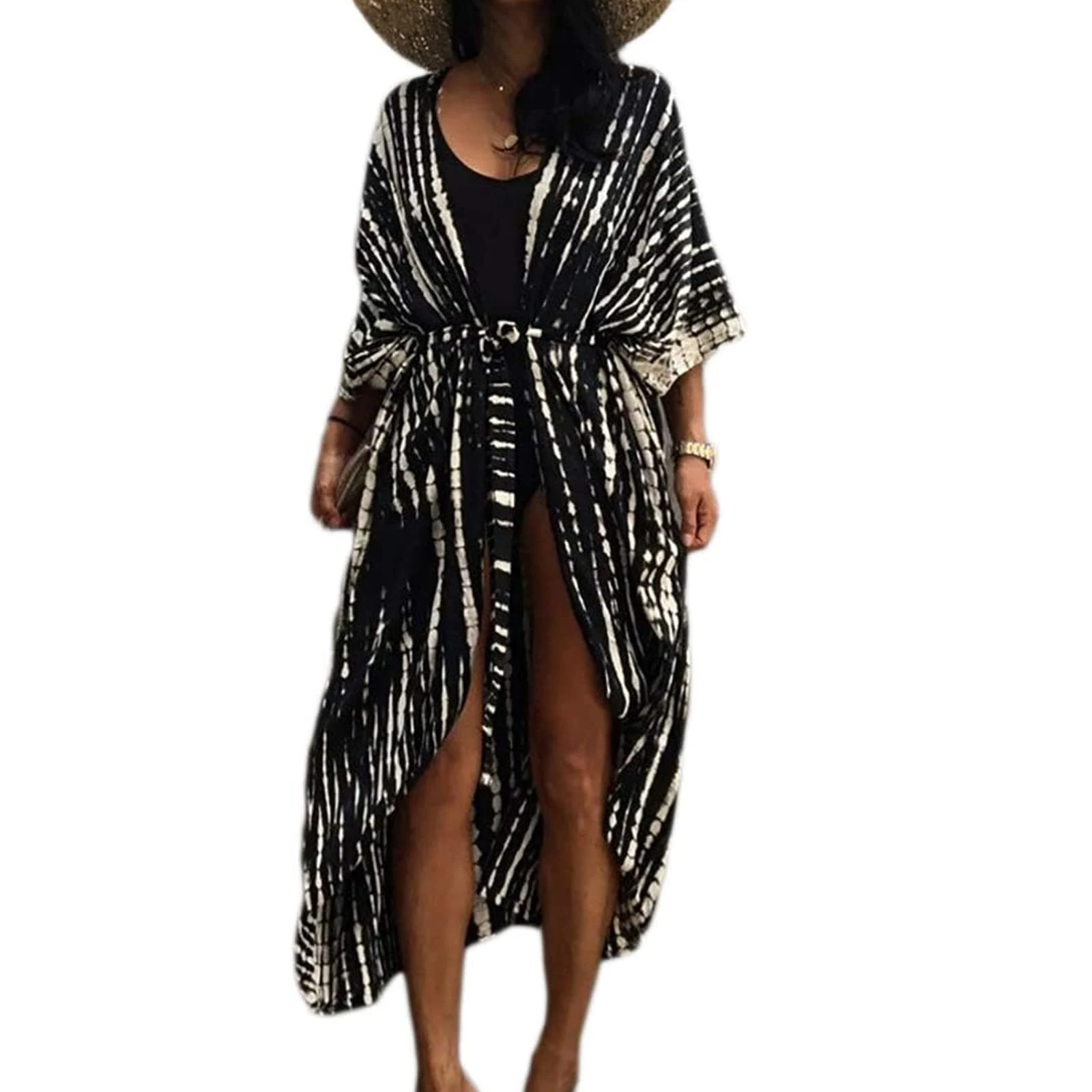Tie Dye Beach Kimono Cardigan,Long Swimsuit Bikini Beach Cover Up, Open Front,Casual Loose Flowy (Black, One Size)