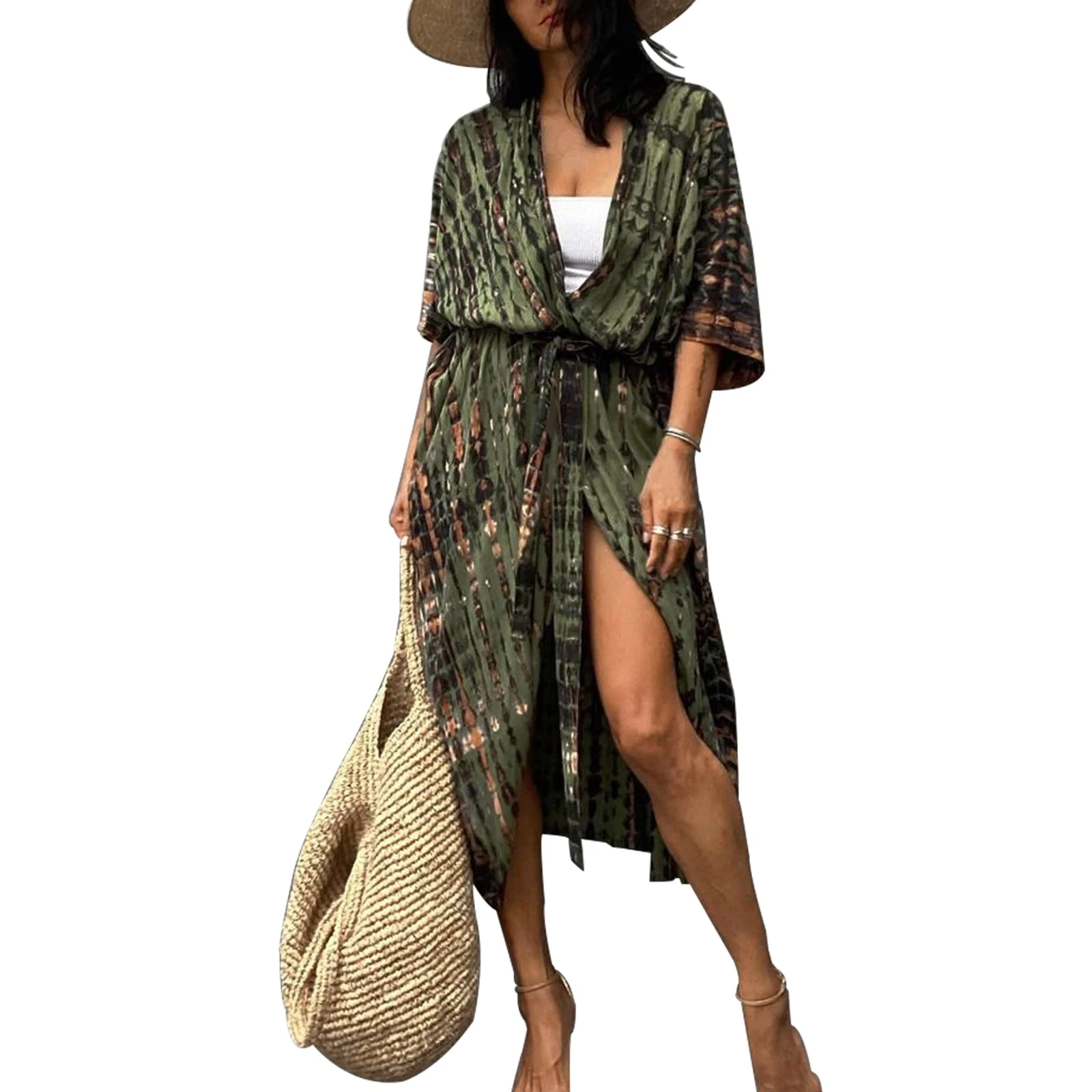 Tie Dye Beach Kimono Cardigan,Long Swimsuit Bikini Beach Cover Up, Open Front,Casual Loose Flowy (Army Green, One Size)