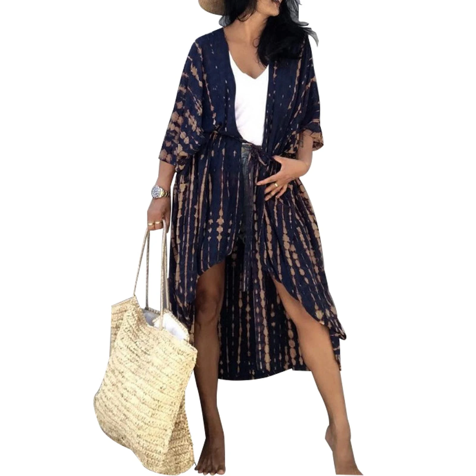 Tie Dye Beach Kimono Cardigan,Long Swimsuit Bikini Beach Cover Up, Open Front,Casual Loose Flowy (Navy, One Size)