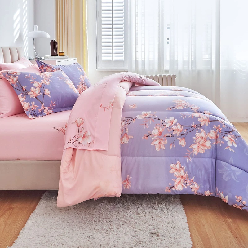 AIKASY Pink and Light Blue Queen Comforter Set with Sheets,Bed in a Bag 7-Pieces,Branches and Flowers Printing Design,Ultra Soft Down Alternative All Season Bedding Set(Queen,Blossom Stem)