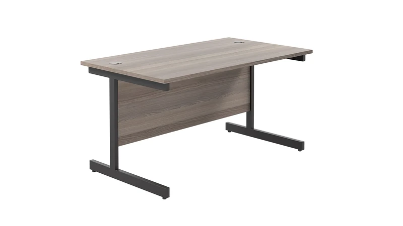 Office Hippo Heavy Duty Rectangular Cantilever Desk, Home Office Table + Integrated Cable Ports, PC Desk For Office or Home, 5 Yr Wty - Black Frame/Grey Oak Top, 140cm x 80cm