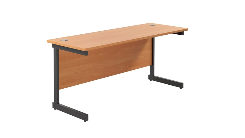 Office Hippo Heavy Duty Rectangular Cantilever Desk, Home or PC Office Table + Integrated Cable Ports, 160cm x 60cm - Black Frame/Beech Top, 5 Yr Warranty