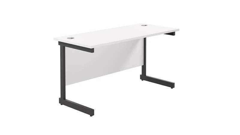 Office Hippo Heavy Duty Rectangular Cantilever Desk, Home Office Table + Integrated Cable Ports, PC Desk for Home, 5 Yr Wty - Black Frame/White Top, 140cm x 60cm