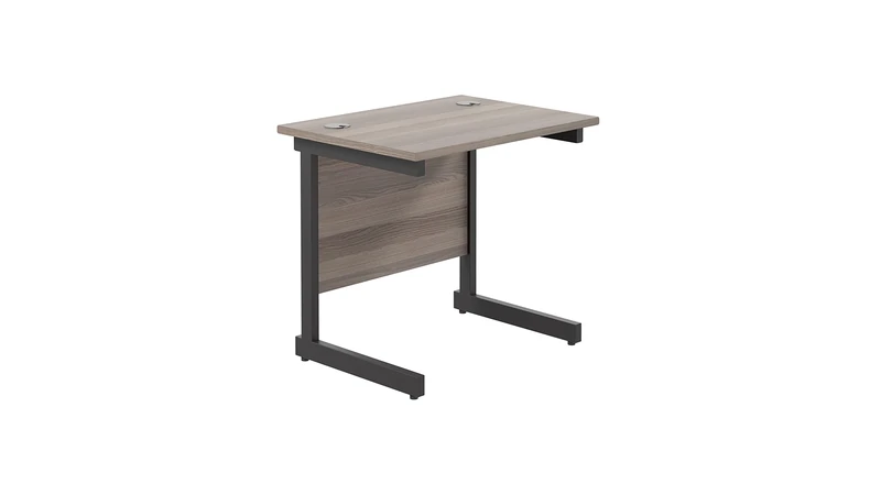 Office Hippo Heavy Duty Rectangular Cantilever Desk, Home Office Table + Integrated Cable Ports, PC Desk - 80cm x 60cm, 5 Yr Warranty - Black Frame/Grey Oak Top