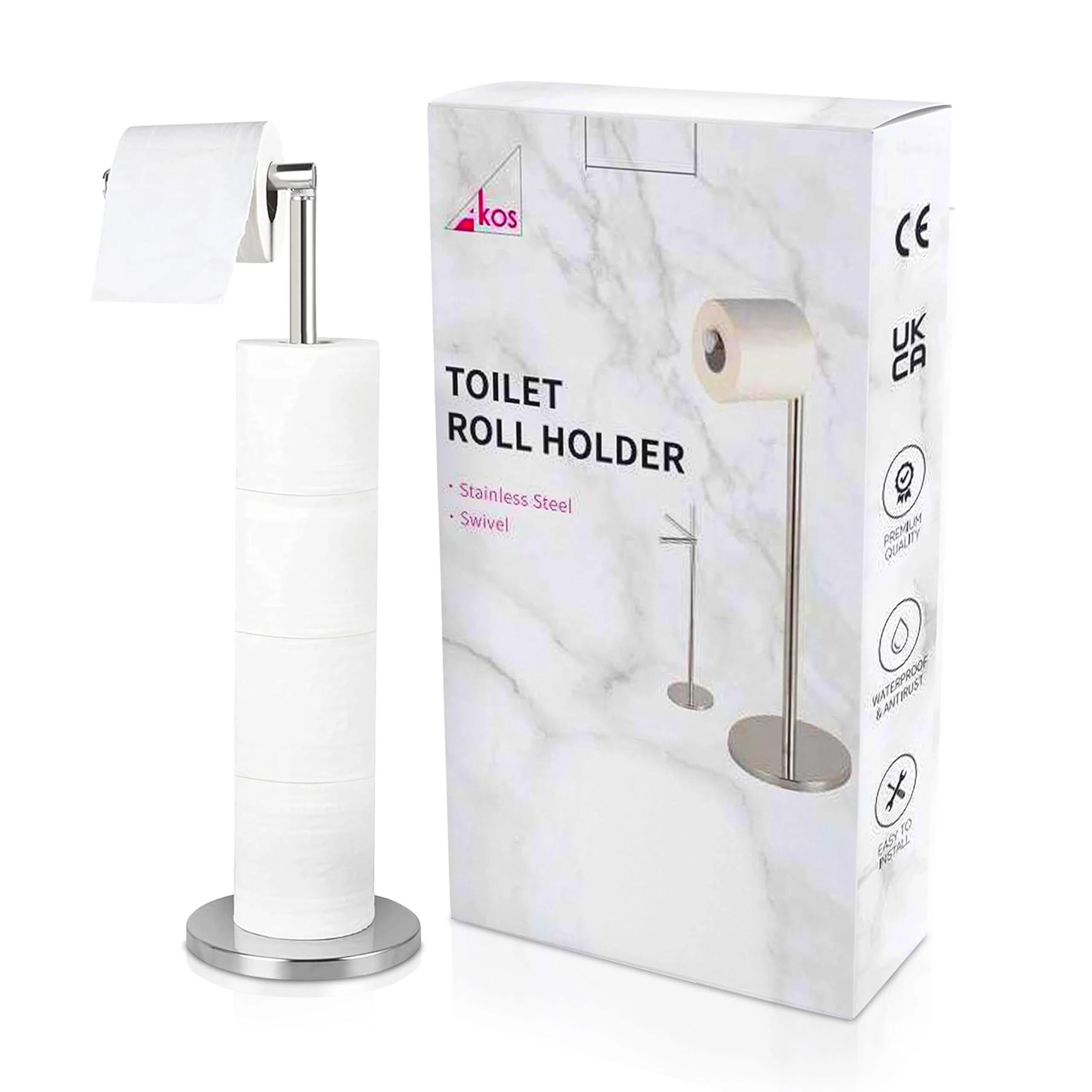Akos Stainless Steel Silver Toilet Roll Holder - Free Standing Toilet Paper Holder with Storage - Floor Standing Toilet Roll Holder Stand that Holds 5 Paper Rolls