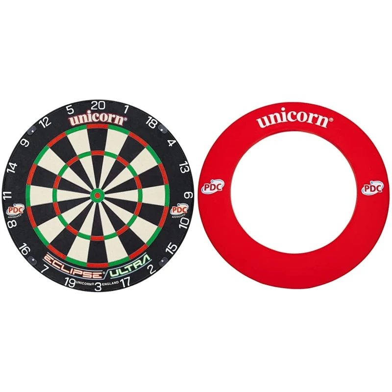 Unicorn Eclipse ULTRA Professional Bristle Dartboard with Sisal, Spider and Clarity, Professional Dart Board for Adults & Striker Dartboard Surround - Red