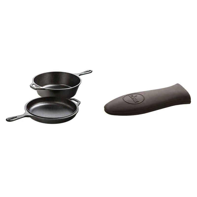 Lodge 3 Litre / 3.2 Quart Pre-Seasoned Cast Iron Combo Cooker & Lodge Mini Silicone Hot Handle Holder, Black, Inoxidable