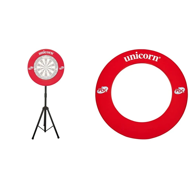 UNICORN Dartboard Stand | Dartmate | Freestanding Tripod | Folding & Portable and UNICORN Dartboard Backboard Surround | Striker | Lightweight Injection Moulded EVA Plastic | No Fixings required | Red