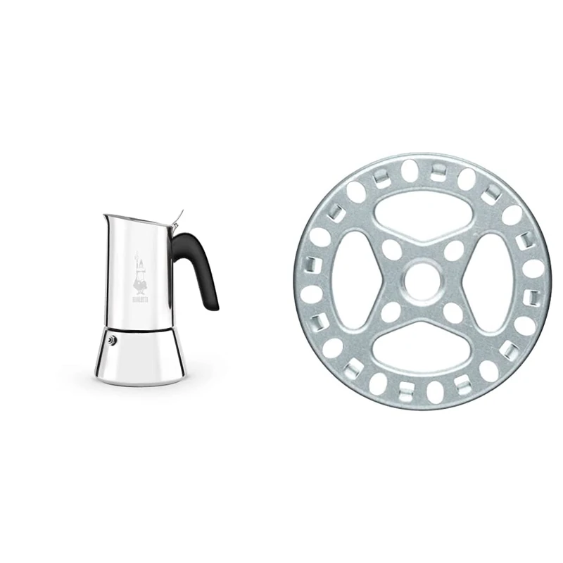Bialetti - New Venus Induction, stainless steel hob espresso coffee maker, suitable for all heat sources, 6 cups, aluminum, silver & KitchenCraft Gas Ring Reducer Trivet, Galvanised Iron, 12 cm Silver