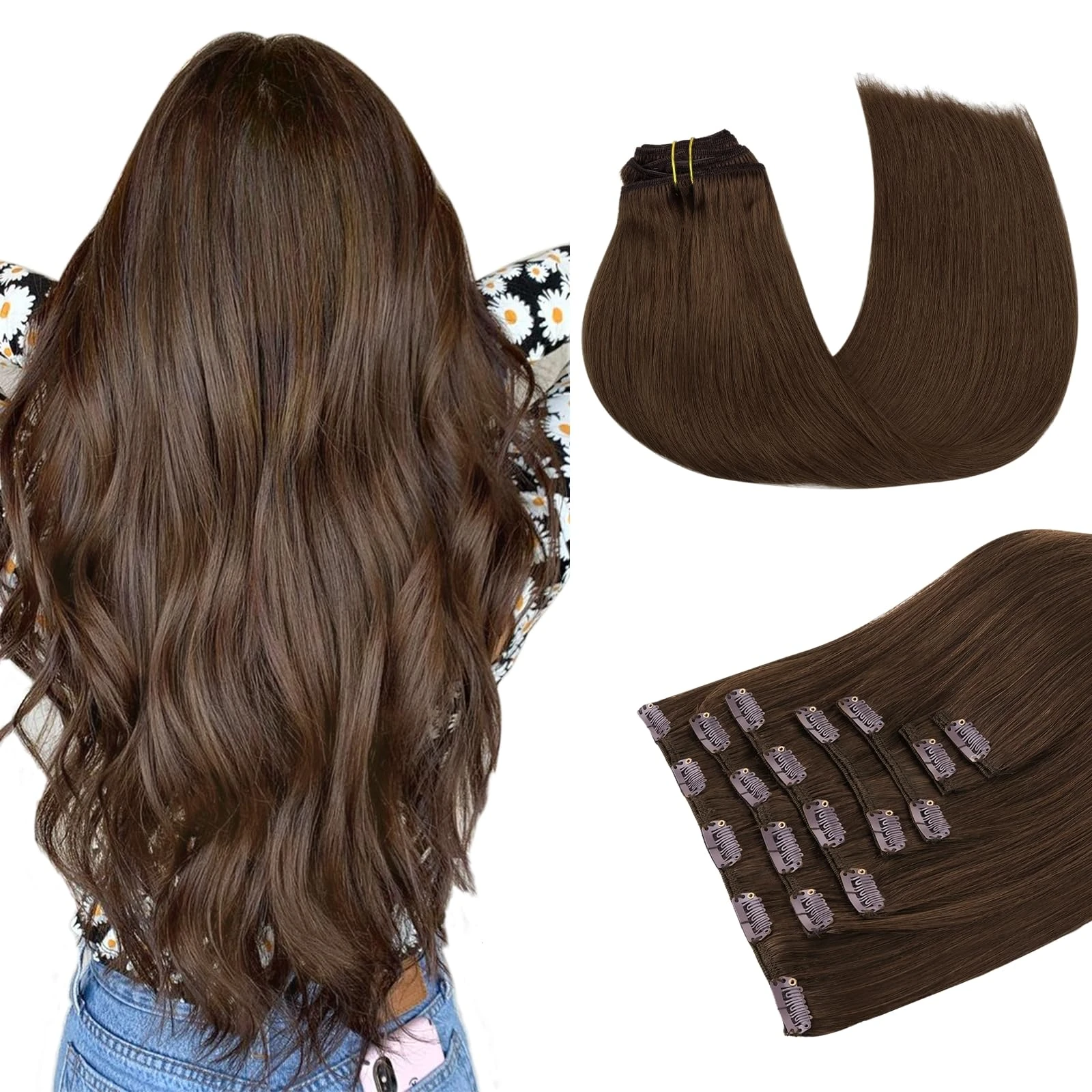 Human Hair Clip in Extensions, 120g 60 cm 7pcs, MAXITA Chocolate Brown Hair Extensions, Real Hair Extensions Clip in Human Hair Natural Straight Long Hair for Woman