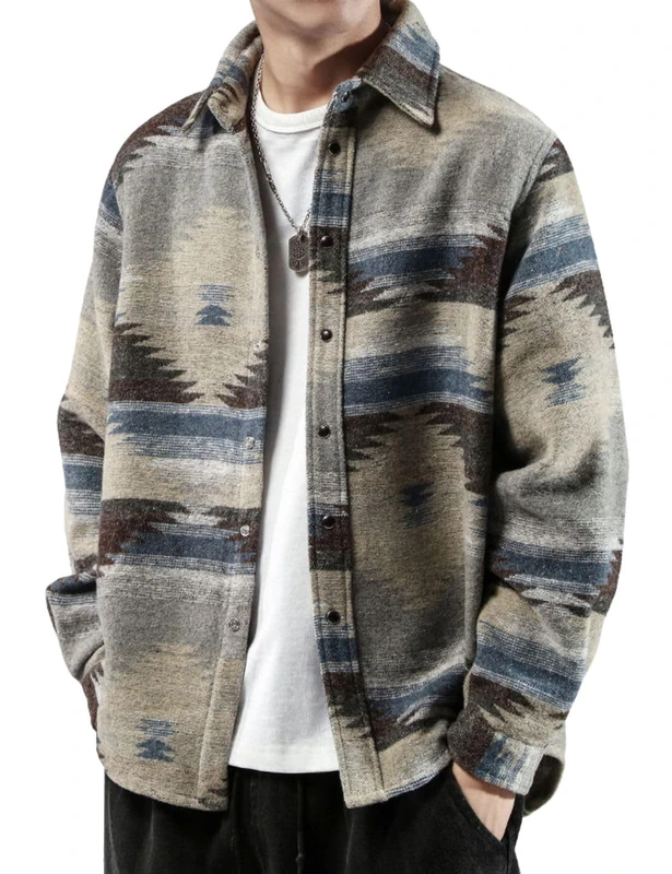 FindThy Men’s Brushed Flannel Shirts Ethnic Aztec Print Button Up Lapel Tribal Shirt Jacket Shacket, Grey, XL - Image 1