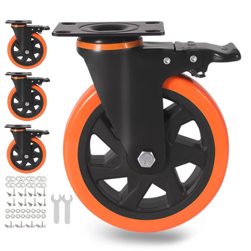 6" Caster Wheels, Casters Set of 4, Heavy Duty Casters with Brake, Safety Dual Locking casters, No Noise Wheels with Polyurethane Foam, Load 2800LBS (Two Hardware Kits for Free)