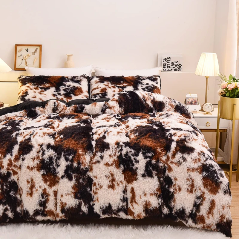 Aimuan Cow Print Duvet Cover Shaggy Fluffy Tie Dye Brown Black Velvet Bedding Set Super Soft Faux Fur Fuzzy Comforter Cover with Pillowcases (Coffee-Black, Queen)