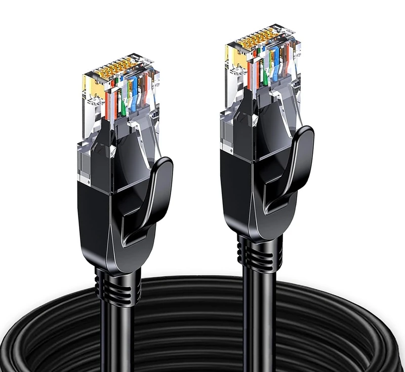 Elfcam® - 60m Ethernet Cable Cat 7, LAN & WLAN Network Cable with RJ45 Plugs, 6.0mm Diameter SFTP Shielding, 100% Copper, 28AWG, Round & Black (60M)