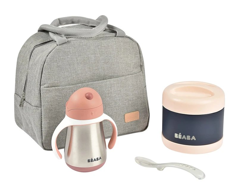 BEABA, Isothermal Baby Meal Set and Accessories, Lunchbox, Stainless Steel Thermo-portions 500ml and Stainless Steel Straw Cup 250ml, Silicone Spoon 2nd Age, Pink - Image 1