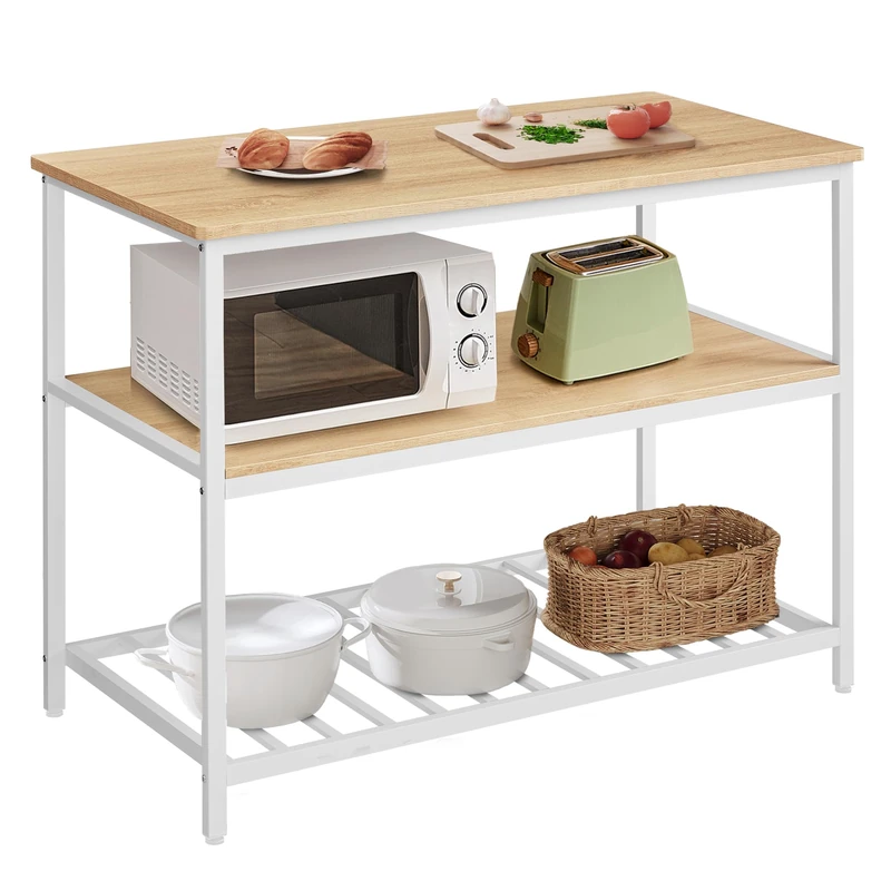 VASAGLE Bakers Rack, Kitchen Island with Large Worktop, Stable Steel Structure, 60 x 120 x 90 cm, Modern Kitchen Shelf, Easy to Assemble, Oak and White KKI001W09