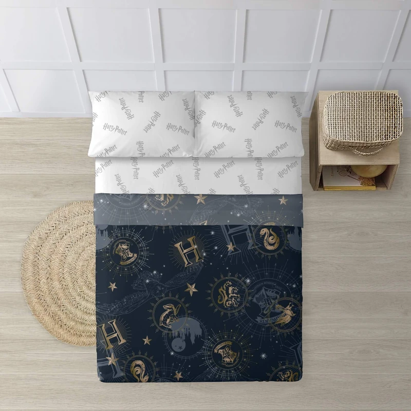 BELUM | HPotter Gold Printed 100% Cotton Sheet Set with Pillow and Fitted Sheet for 105 Bed | Lightweight, Soft and Comfortable Sheet Set | Harry Potter Officially Licensed