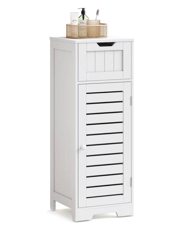 Mondeer Bathroom Floor Cabinet, Freestanding Slim Storage Unit 1 Drawer 1 Louvered Door and 2 Shelves, for Bathroom Bedroom Hallway, 32 x 30 x 87cm, White