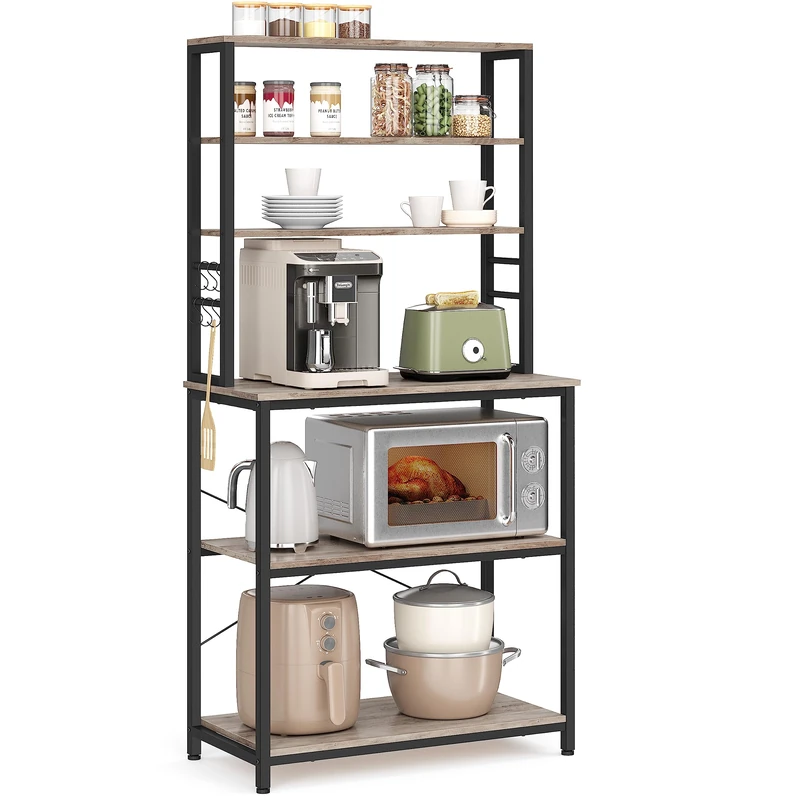 VASAGLE Kitchen Storage Rack, Coffee Bar, Baker's Rack, Total 6 Shelves and 6 Hooks, for Microwave, Steel Frame, Industrial, 40 x 80 x 167 cm, Heather Greige and Ink Black KKS019B02