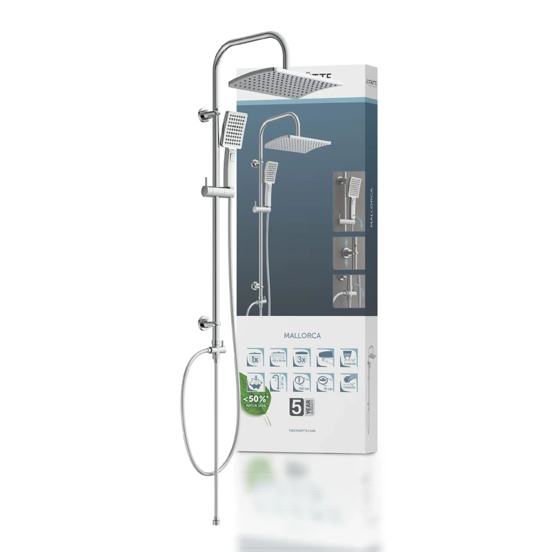 SCHÜTTE Mallorca Shower Set | Shower Column with Large Rain Shower | Hand Shower with 3 Jet Types | Shower System with Height-Adjustable Shower Rail | Ch