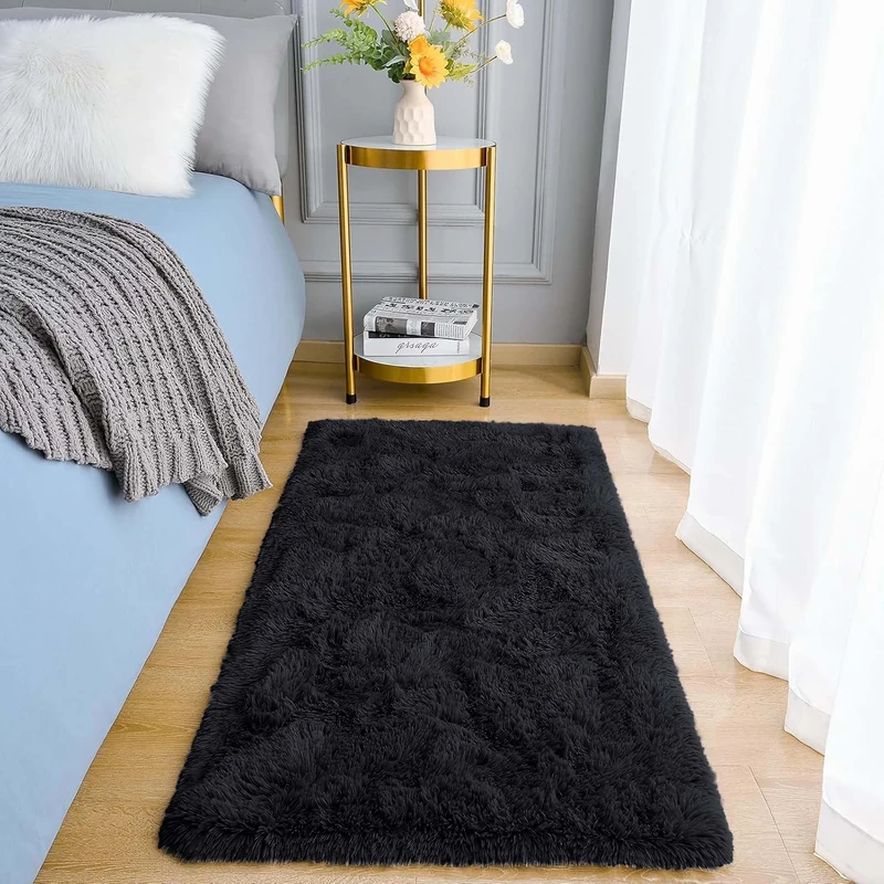 Aspire Homeware Black Rugs Living Room - Small Area Rugs 50x80cm for Bedroom Fluffy Modern Shaggy Rug Soft Non Slip Thick Pile