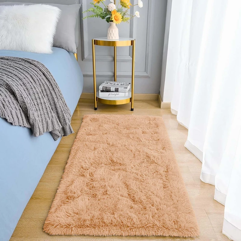 Aspire Homeware Fluffy Bedroom Rug – Small Beige Area Rugs 50x80 cm for Living Room Plush Carpet Modern Soft Shaggy Pile Faux Fur Rug for Home