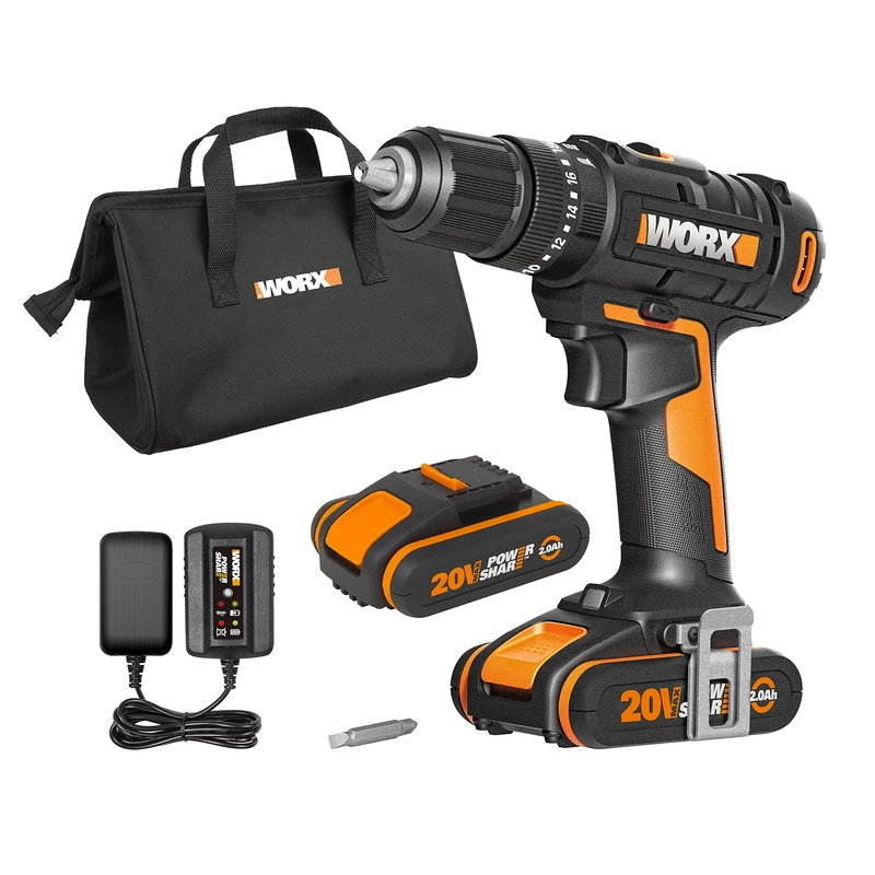 WORX WX370.1 PowerShare 20V Cordless Combi Hammer Drill Kit with 2 Batteries, Charger and Carry Bag, 6800 BPM / 27200 BPM, 0-400/0-1600/min, High Torque Impact Drill Set for Wood, Metal and Masonry