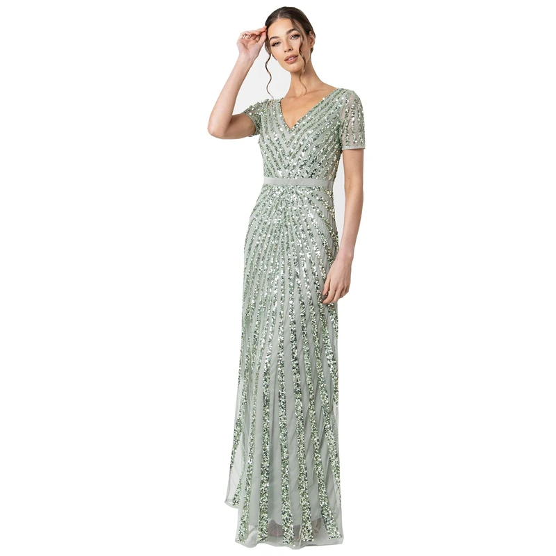 Maya Deluxe Women's Maxi Womens Ladies Embellished Sequin Long Short Sleeve V Neck High Empire Waist Cut Shiny P Bridesmaid Dress, Green Lilly, 24 UK