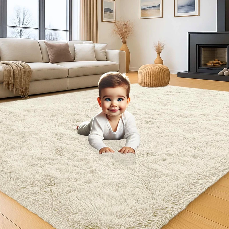 Aspire Homeware Fluffy Bedroom Rug – Cream Large Area Rugs 160x230cm for Living Room Lounge Plush Carpet Modern Soft Shaggy Pile Faux Fur Rug for Home